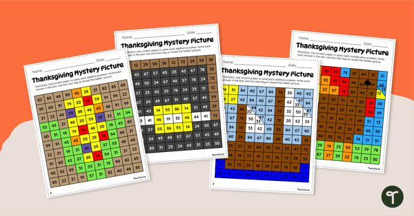 Go to Thanksgiving Mystery Pictures - Addition to 99 teaching resource
