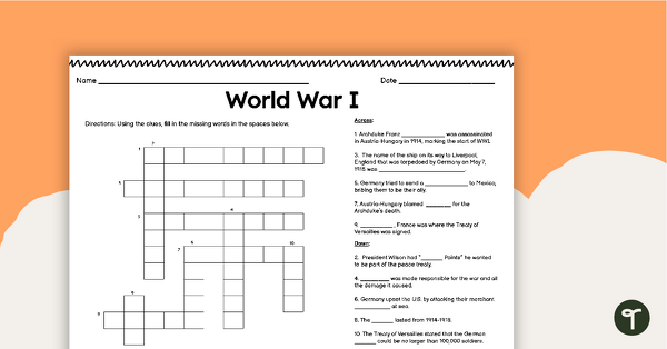 World War I Crossword Puzzle teaching resource