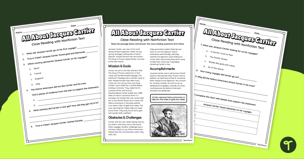 Jacques Cartier Comprehension Worksheets teaching resource