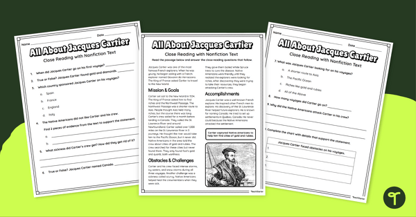 Go to Jacques Cartier Comprehension Worksheets teaching resource