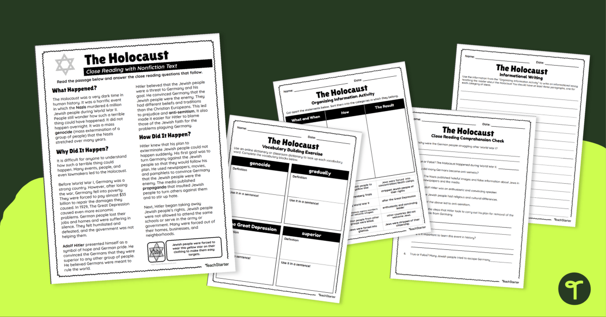 The Holocaust - Reading and Writing Worksheets teaching resource