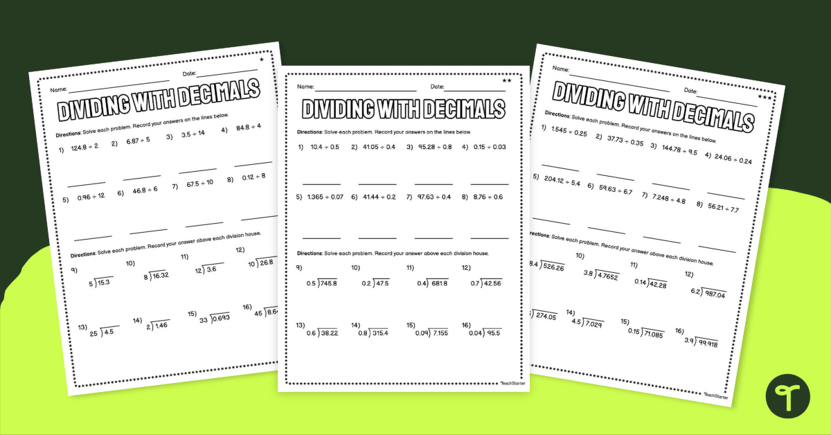 Dividing with Decimals – Differentiated Worksheets teaching resource