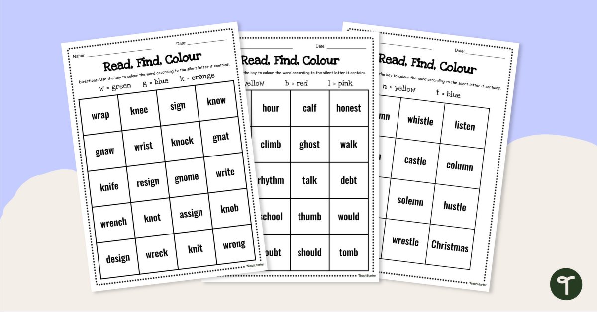 Silent Letters Worksheets - Read, Find and Colour teaching resource