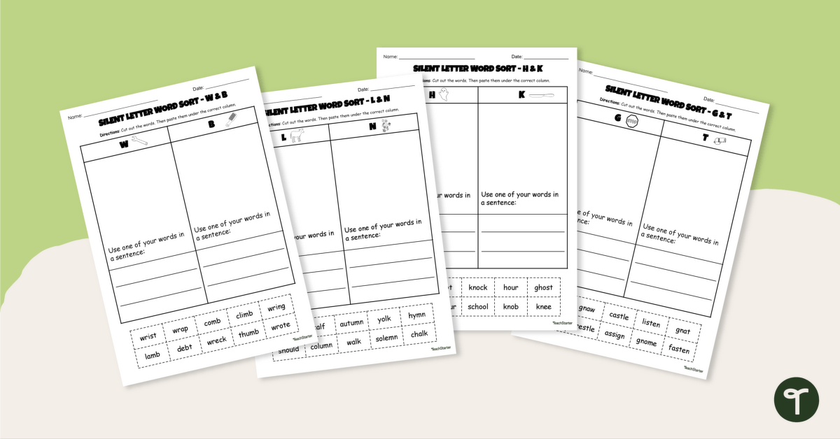 Silent Letters Word Sort - Cut and Paste Worksheets teaching resource
