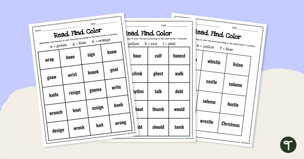 Silent Letters Worksheets - Read, Find, and Color teaching resource
