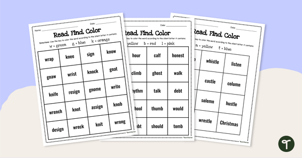Go to Silent Letters Worksheets - Read, Find, and Color teaching resource