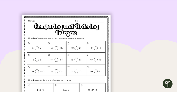 Image of Comparing and Ordering Integers – Worksheet