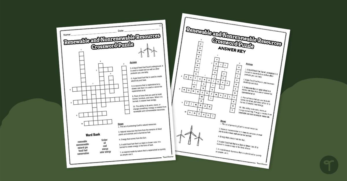 Renewable and Nonrenewable Resources Crossword Puzzle teaching resource