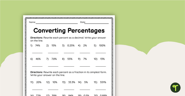 Converting Percentages – Worksheet teaching resource