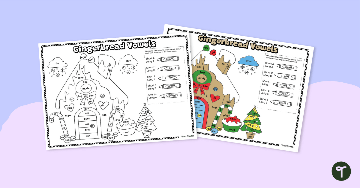 Gingerbread Vowels - Colour by Code Worksheet teaching resource