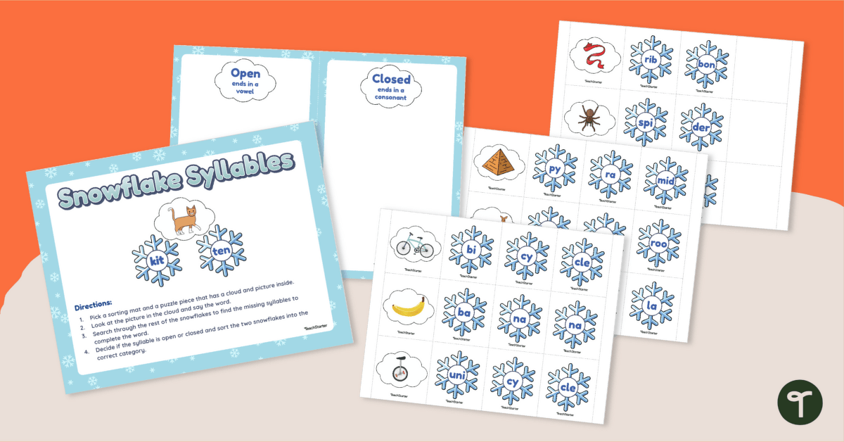 Snowflake Syllables - Winter Reading Center teaching resource