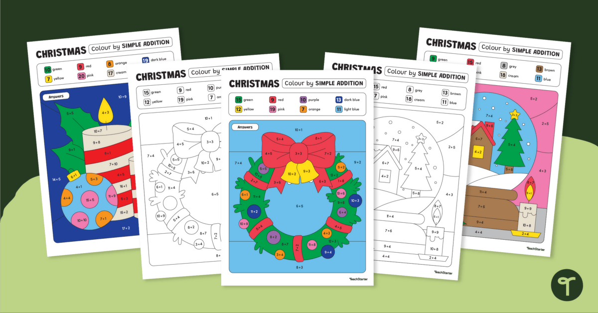 Christmas Colouring - Simple Addition Colour by Number teaching resource