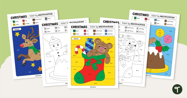 Go to Christmas Color by Number - Multiplication Worksheets teaching resource