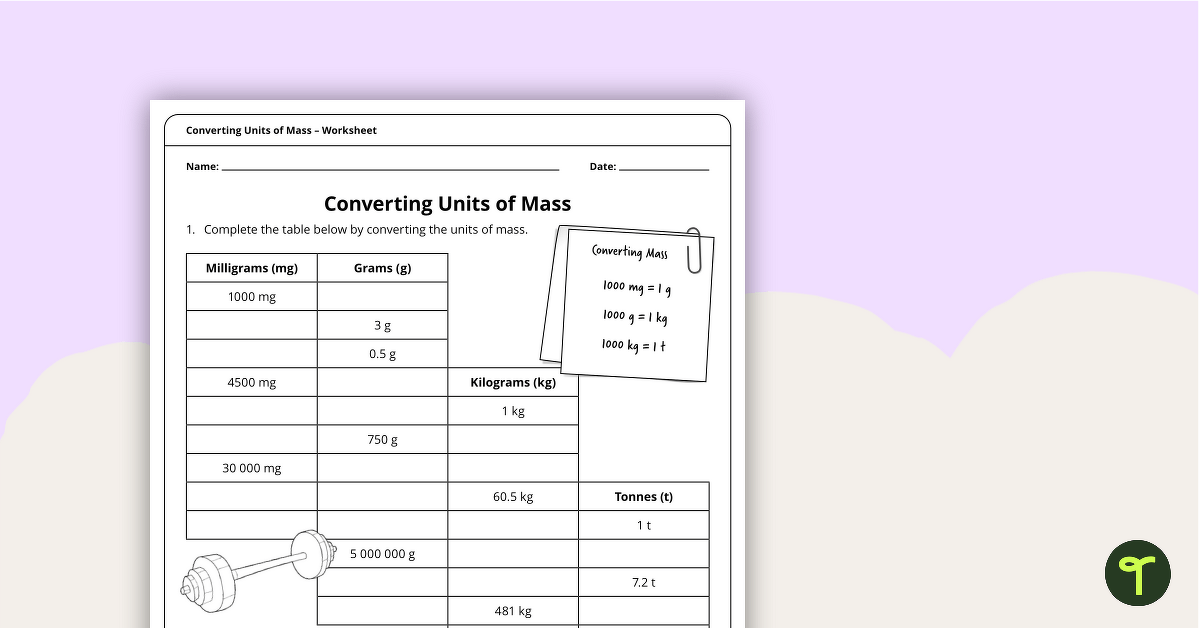 Converting Units of Mass – Worksheet teaching resource