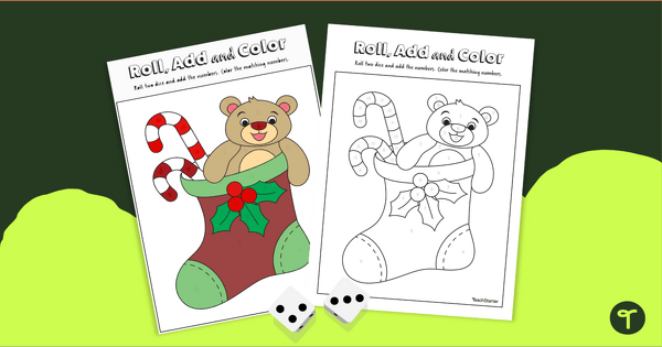 Roll, Add, and Color Christmas Math Worksheet teaching resource