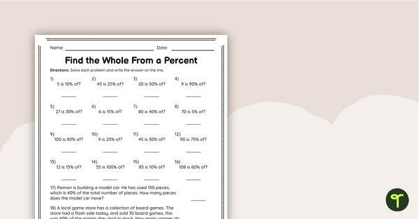 Image of Find the Whole From a Percent – Worksheet