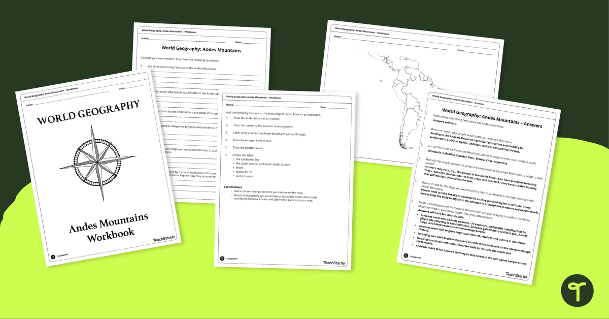 Analyze and Label South America Map & Andes Mountain Worksheet Pack teaching resource