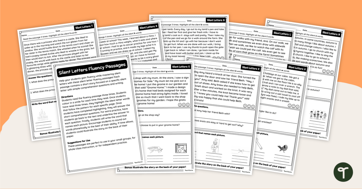 Silent Letters Fluency Passages - Worksheet Pack teaching resource