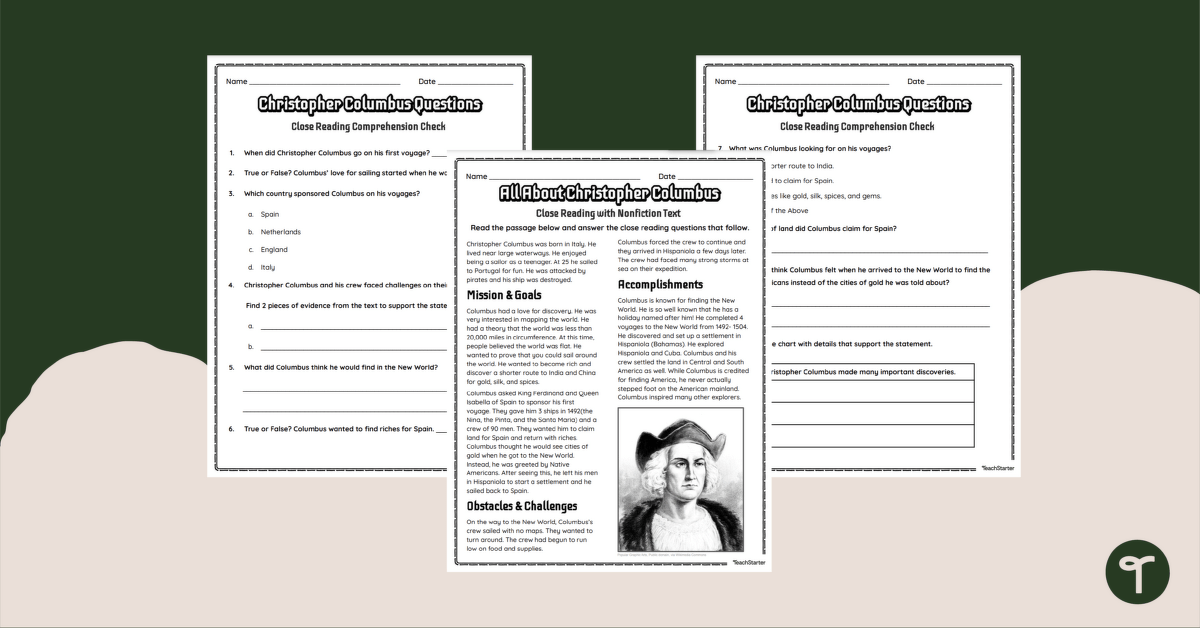 Christopher Columbus for Kids - Comprehension Worksheets teaching resource