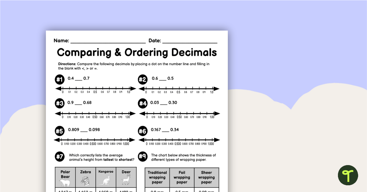 Comparing and Ordering Decimals Worksheet for Year 5 teaching resource