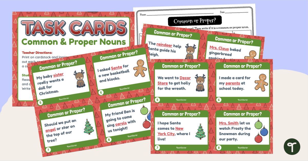 Christmas Activity Printable - Common and Proper Nouns Task Cards teaching resource