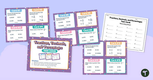 Go to Fractions, Decimals, and Percentages – Task Cards teaching resource