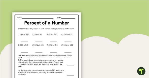 Image of Percent of a Number – Worksheet