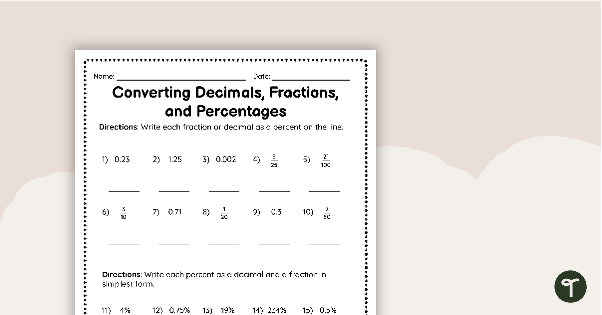 Converting Decimals, Fractions, and Percentages – Worksheet teaching resource