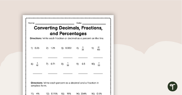 Go to Converting Decimals, Fractions, and Percentages – Worksheet teaching resource
