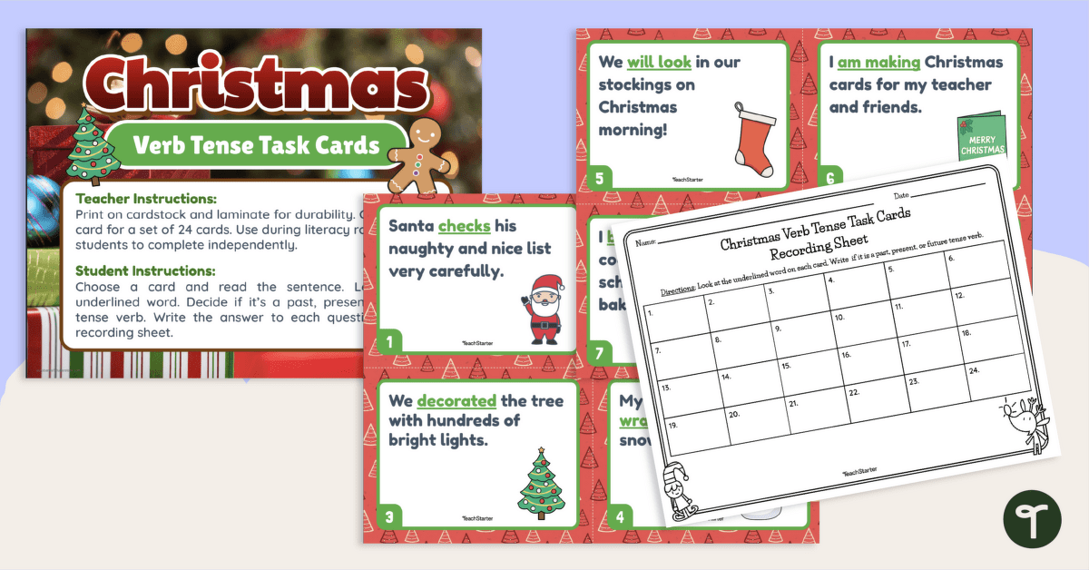Verb Tense Printable Christmas Activity Cards teaching resource