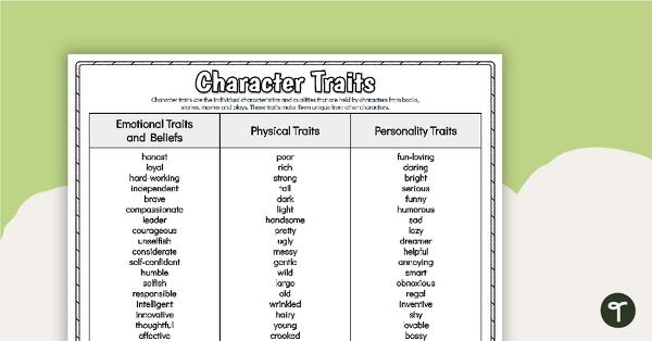 Free Character Traits List teaching resource