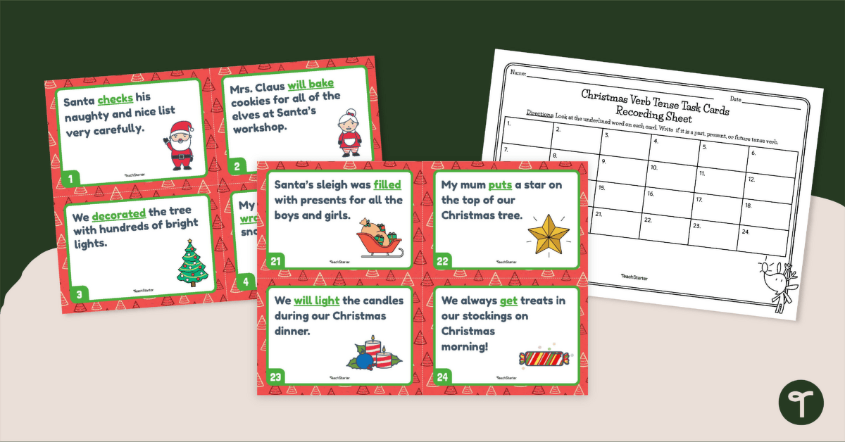 Christmas Task Cards - Past, Present and Future Tense Practise teaching resource