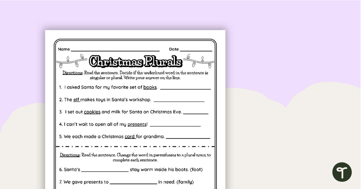 Christmas Plural Nouns Worksheet teaching resource