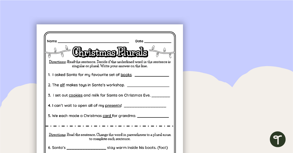 Christmas Worksheet - Singular and Plural Nouns teaching resource
