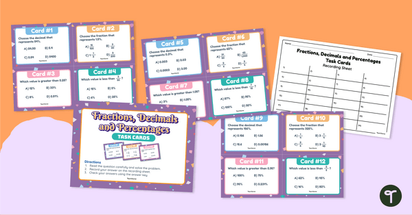 Go to Fractions, Decimals and Percentages – Task Cards teaching resource