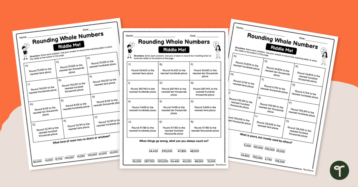 Rounding Whole Numbers – Riddle Worksheets teaching resource