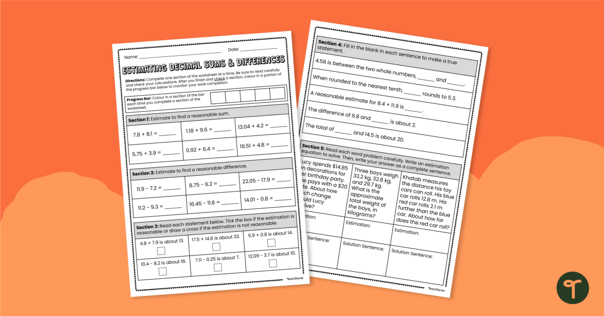 Estimating Decimal Sums and Differences — Year 6 Worksheet teaching resource