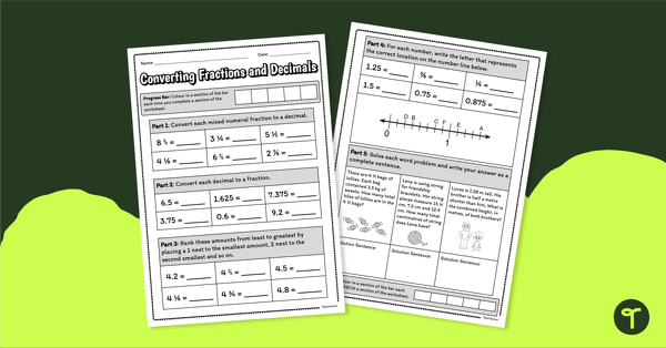 Converting Fractions and Decimals – Worksheet teaching resource