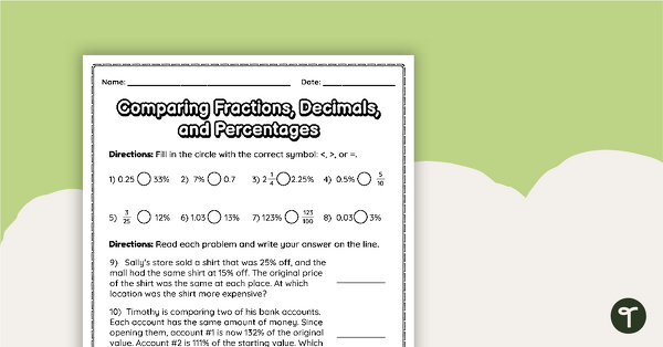 Comparing Fractions, Decimals, and Percentages – Worksheet teaching resource
