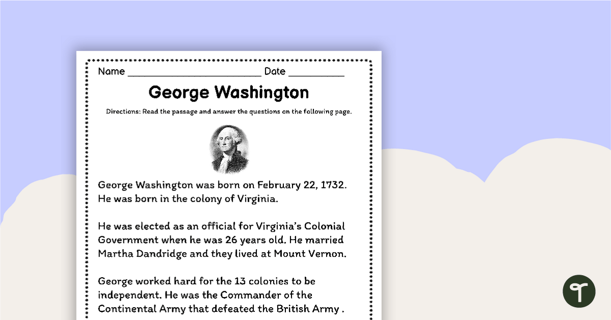 George Washington Comprehension Worksheet - Primary Grades teaching resource