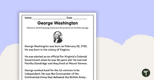 Go to George Washington Comprehension Worksheet - Primary Grades teaching resource