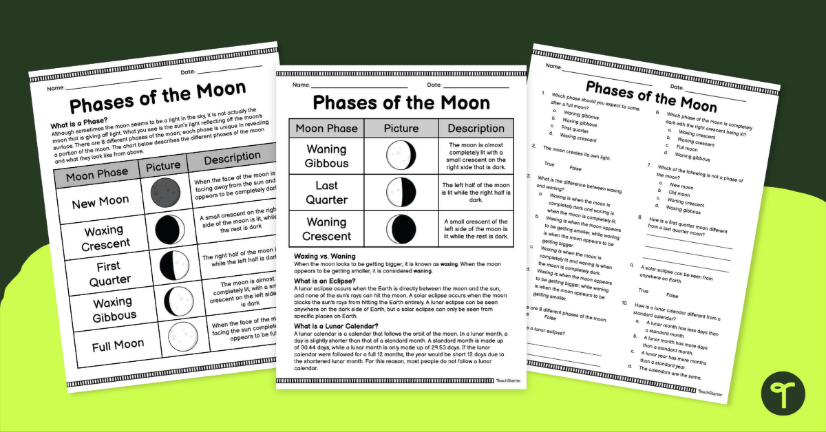 Phases of the Moon – Comprehension Worksheet