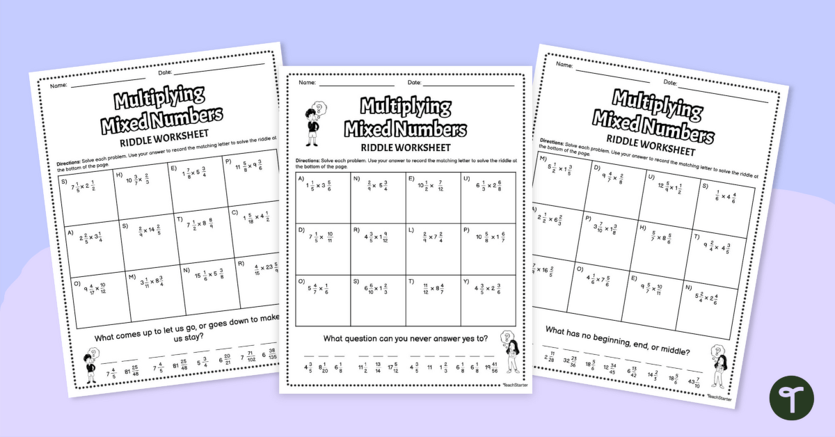 Multiplying Mixed Numbers – Riddle Worksheets teaching resource