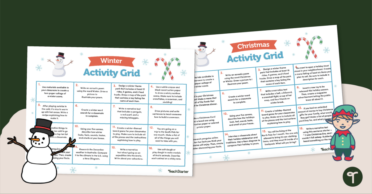 Winter and Christmas Break Activity Grids — Choice Boards teaching resource