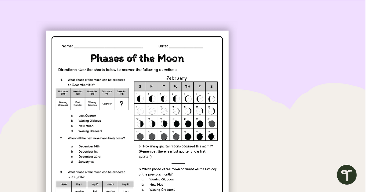 Phases of the Moon – Data Worksheet teaching resource