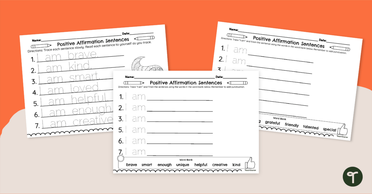 Morning Affirmations for Kids - Writing Worksheets teaching resource