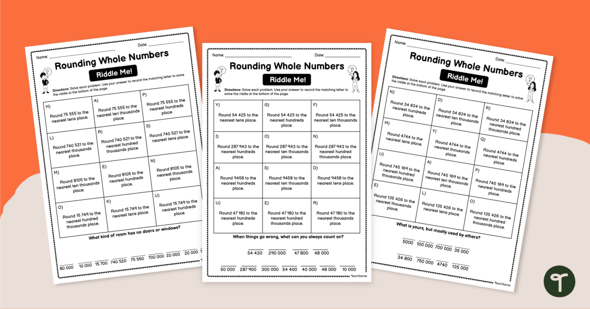 Rounding Whole Numbers – Riddle Worksheets teaching resource