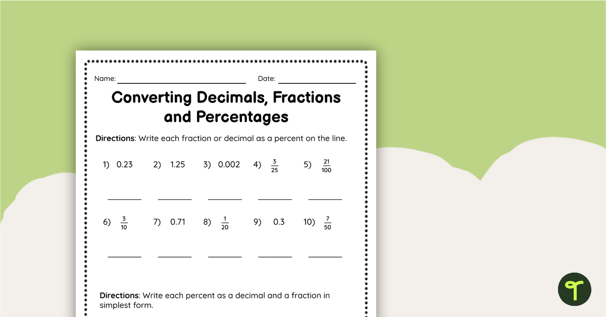 Converting Decimals, Fractions and Percentages – Worksheet teaching resource