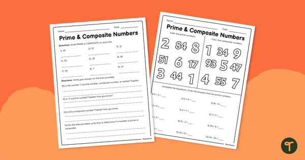 Identifying Prime & Composite Numbers – Worksheet teaching resource