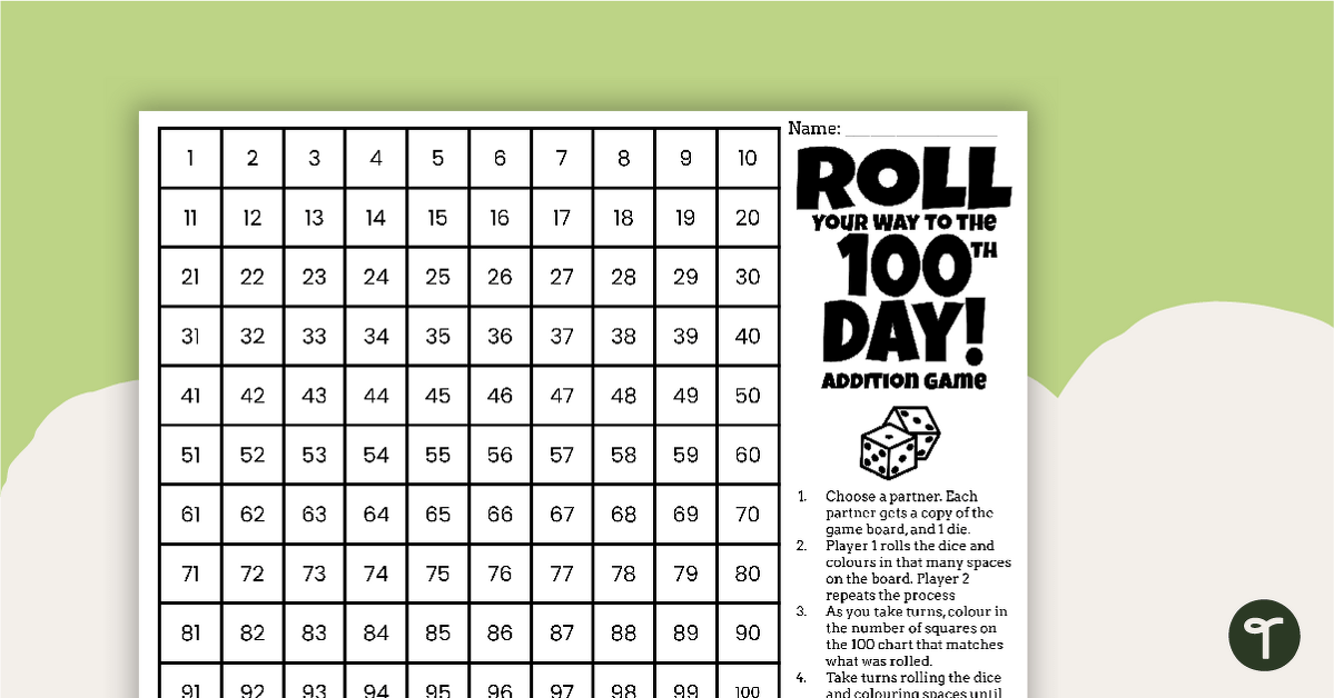 100th Day of School-Roll to 100 Worksheet teaching resource
